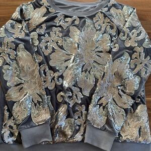 Soft Surroundings Gray and Silver Sequin Party Holiday Sweatshirt